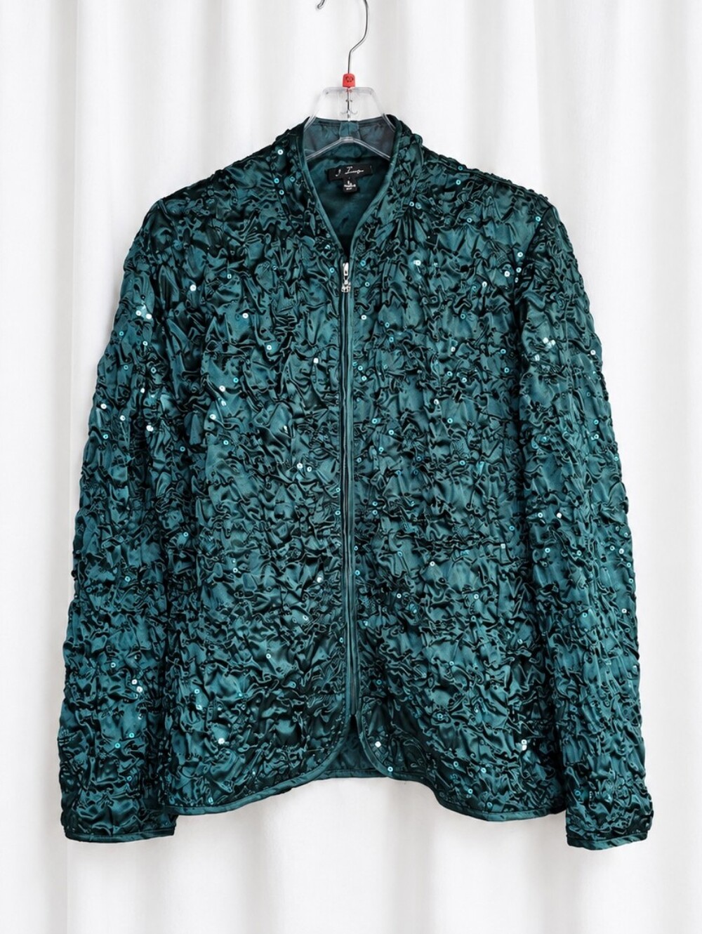 S. Levine Teal Sequin Ruched Textured Zip Front Special Occasion Dressy Jacket
